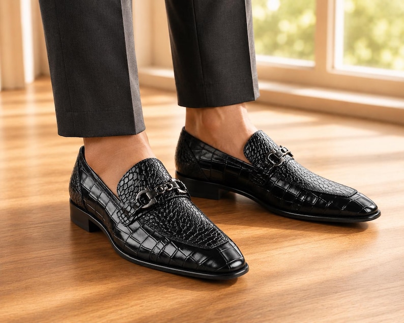 Handmade Black Crocodile Embossed Leather Loafers, Men’s Formal Slip leather footwear image 6