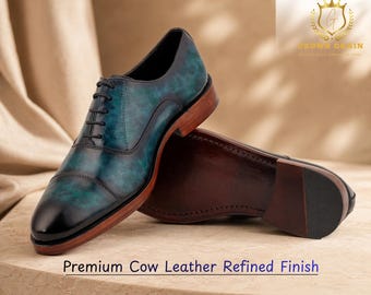 Men Handmade Genuine Blue Leather Lace Up Oxford Brogue Dress Shoes