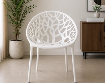 Sillón auxiliar blanco moderno con diseño de árbol calado, ideal para interiores, exteriores y patios, y para jardín.