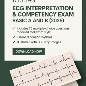 May include: An educational graphic with the text "DYSRHYTHMIAS RELIAS ECG INTERPRETATION & COMPETENCY EXAM BASIC A AND B (2025)". Includes ECG strip images and multiple-choice questions. A sample answer sheet is also visible.