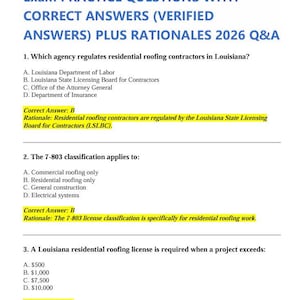 Può includere: Un documento intitolato "Louisiana (LA) 7-803 Residential Roofing Exam Practice Questions With Correct Answers (Verified Answers) Plus Rationales 2026 Q&A." Il documento contiene domande e risposte relative alle licenze per appaltatori edili in Louisiana.