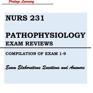 Könnte beinhalten: Ein Dokument mit dem Titel Portage Learning NURS 231 PATHOPHYSIOLOGY EXAM REVIEWS, das eine Zusammenstellung der Prüfungen 1-9 sowie Prüfungsfragen und Antworten enthält. Der Text ist in Schwarz auf hellblauem Grund mit Linien gedruckt.