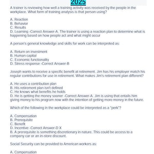 Może przedstawiać: Dokument zatytułowany "SHRM-CP Practice Exam Questions With Correct Answers 2025". Zawiera pytania wielokrotnego wyboru i odpowiedzi, skupiając się na zasobach ludzkich i analizie szkoleń w miejscu pracy.