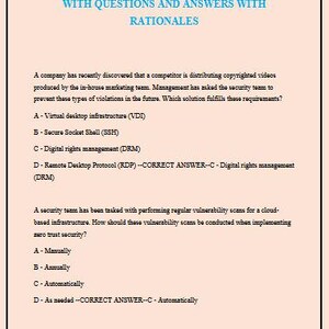 May include: A document with the title "WGU D488 CYBER SECURITY ARCHITECTURE & ENGINEERING WITH FINAL EXAM COMBINED WITH QUESTIONS AND ANSWERS WITH RATIONALES." The document contains multiple-choice questions and answers related to cybersecurity.