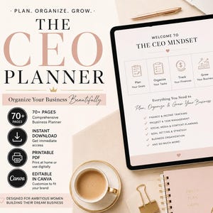 May include: A digital CEO planner with a pink and white design, featuring a tablet, notebook, and printed sheets. The planner includes sections for planning, organizing tasks, tracking finances, and growing a business. The text reads "The CEO Planner."
