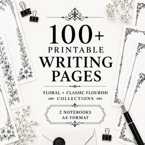Op de afbeelding: Een collectie van 100+ printbare schrijfpagina's in A4-formaat met bloemrijke en klassieke krulranden. De set bevat gelinieerd briefpapier met zwart-witte decoratieve ontwerpen, twee notitieboekjes, zwarte binderclips en een vulpen.