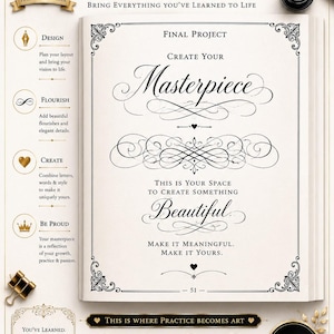 Pu&ograve; includere: Una pagina di quaderno intitolata Create Your Masterpiece con elegante calligrafia nera, ghirigori decorativi e testo didattico. La pagina include sezioni per design, ghirigori, creazione e orgoglio, insieme a una penna stilografica e un calamaio.