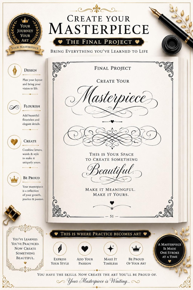 Pu&ograve; includere: Una pagina di quaderno intitolata Create Your Masterpiece con elegante calligrafia nera, ghirigori decorativi e testo didattico. La pagina include sezioni per design, ghirigori, creazione e orgoglio, insieme a una penna stilografica e un calamaio.