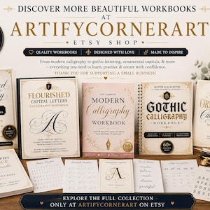 Pu&ograve; includere: Una collezione di quaderni di calligrafia e fogli di pratica con titoli come The Art of Flourished Calligraphy, Flourished Capital Letters, Modern Calligraphy, Gothic Calligraphy e Victorian Ornamental Calligraphy con penne.