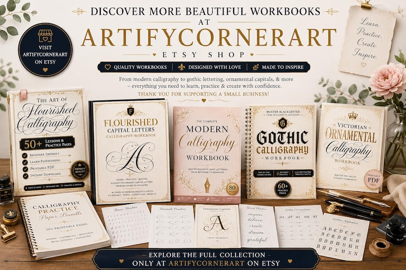Pu&ograve; includere: Una collezione di quaderni di calligrafia e fogli di pratica con titoli come The Art of Flourished Calligraphy, Flourished Capital Letters, Modern Calligraphy, Gothic Calligraphy e Victorian Ornamental Calligraphy con penne.