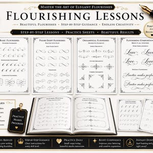 Pu&ograve; includere: Un set didattico di calligrafia intitolato Flourishing Lessons che include diversi fogli di pratica con ghirigori di base, a forma di otto e ornamentali, un libro di esercizi aperto, una penna stilografica nera e un calamaio su sfondo crema.