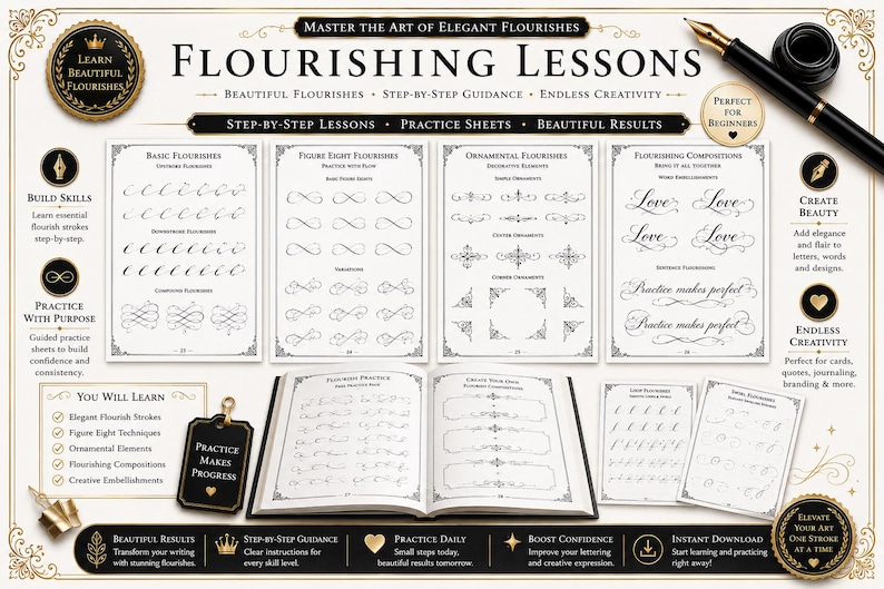 Pu&ograve; includere: Un set didattico di calligrafia intitolato Flourishing Lessons che include diversi fogli di pratica con ghirigori di base, a forma di otto e ornamentali, un libro di esercizi aperto, una penna stilografica nera e un calamaio su sfondo crema.