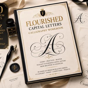 May include: A calligraphy workbook titled Flourished Capital Letters with a large letter A on the cover. The set includes a black ink bottle, a calligraphy pen with a metal nib, a wax seal, and several practice sheets featuring alphabet letters.