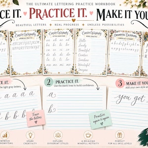 May include: A lettering practice workbook featuring multiple pages with cursive, ornamental, and blackletter alphabets. The pages include lined sections for tracing letters, practicing connections, and writing words, decorated with floral borders.