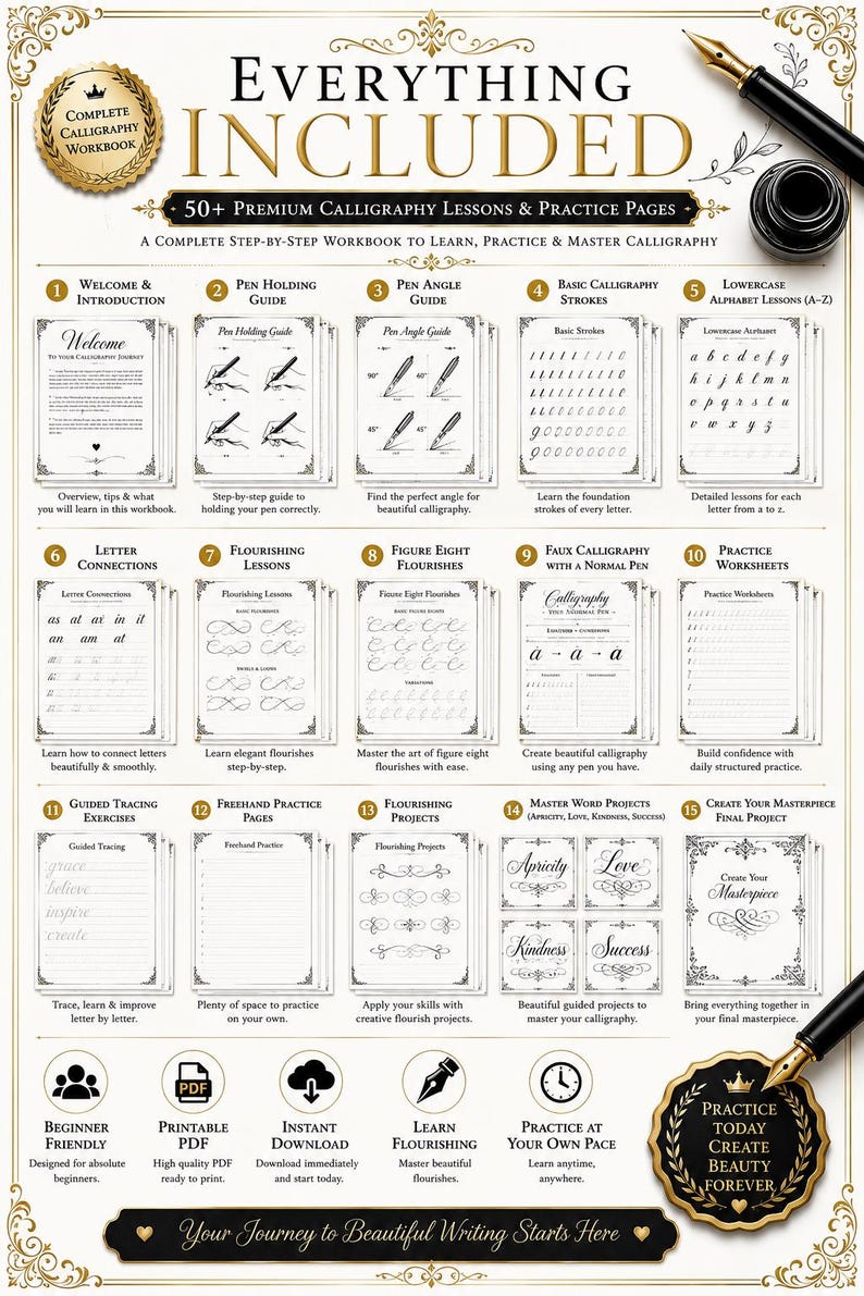 Pu&ograve; includere: Un quaderno di esercizi di calligrafia completo con oltre 50 lezioni e pagine di pratica. Il layout include 15 sezioni numerate che coprono l'impugnatura della penna, i tratti base, lezioni sull'alfabeto, ghirigori e progetti di parole.