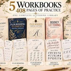 Op de afbeelding: Een set van 5 werkboeken met in totaal 408 pagina's voor kalligrafie-oefeningen, inclusief de titels The Art of Spencerian Penmanship, Flourishing Elements, Flourished Capital Letters, Bouncy Lettering en The Complete Lettering Practice Workbook.