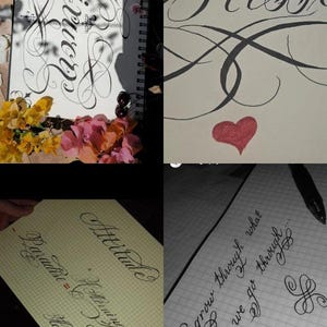 Pu&ograve; includere: Un collage di quattro immagini che mostrano esercizi di calligrafia. In alto a sinistra, la parola "Miracle" in inchiostro nero su carta bianca con fiori. In alto a destra, "Bless" e un cuore rosso. In basso a sinistra, "Attitude" e del testo su carta a quadretti. In basso a destra, "We grow through what we go through" su carta a quadretti.