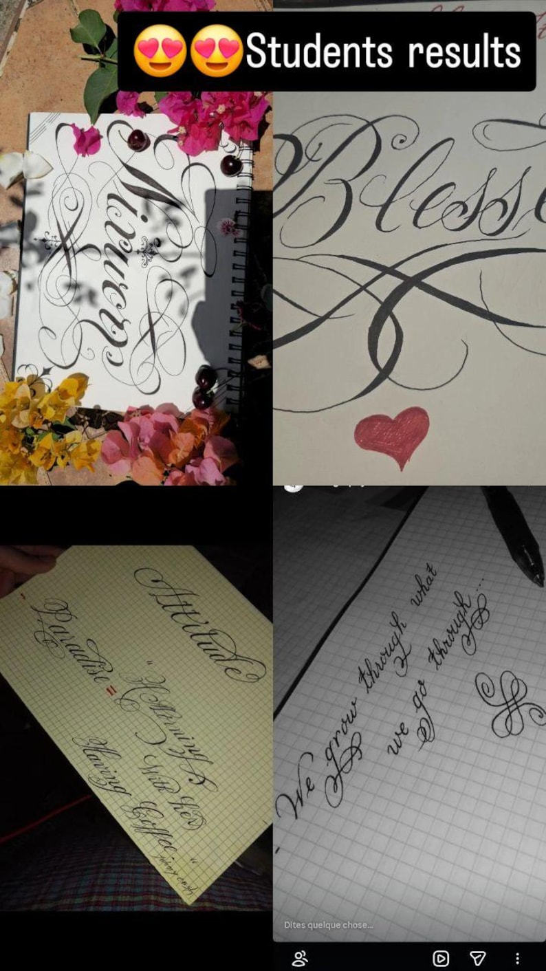 Pu&ograve; includere: Un collage di quattro immagini che mostrano esercizi di calligrafia. In alto a sinistra, la parola "Miracle" in inchiostro nero su carta bianca con fiori. In alto a destra, "Bless" e un cuore rosso. In basso a sinistra, "Attitude" e del testo su carta a quadretti. In basso a destra, "We grow through what we go through" su carta a quadretti.