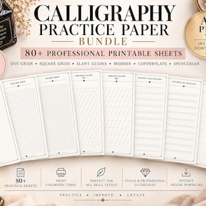 Övningsblad för kalligrafi | 80+ tomma övningssidor med guidning | A4 PDF | Kopparplåt, Spencerian, moderna och svarta bokstäver