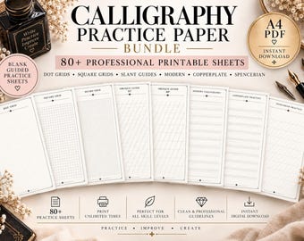 Può includere: Un set di fogli per esercitarsi nella calligrafia con oltre 80 pagine stampabili in formato A4. La raccolta include griglie a punti, griglie quadrate, guide oblique e stili per calligrafia moderna, copperplate e spencerian su carta bianca.