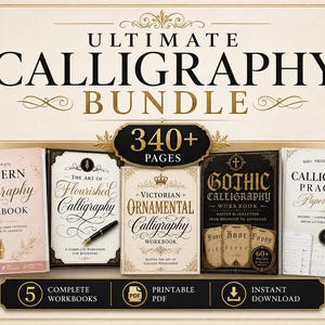 Könnte beinhalten: Ein digitales Set mit dem Titel Ultimate Calligraphy Bundle mit über 340 Seiten in fünf Arbeitsbüchern. Die Sammlung umfasst Modern Calligraphy, The Art of Flourished Calligraphy, Victorian Ornamental Calligraphy, Gothic Calligraphy und ein Übungspapier-Paket.