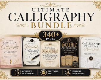 Può includere: Un pacchetto digitale intitolato Ultimate Calligraphy Bundle che contiene oltre 340 pagine in cinque quaderni di esercizi. La collezione include Modern Calligraphy, The Art of Flourished Calligraphy, Victorian Ornamental Calligraphy, Gothic Calligraphy e un set di carta per esercitarsi.