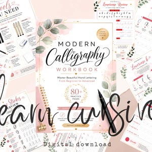Op de afbeelding: Een modern kalligrafie-werkboek met een roze en wit bloemendesign, met de tekst Modern Calligraphy Workbook, Master Beautiful Hand Lettering en 80+ Practice Pages, omringd door diverse oefenbladen en een zwarte pen.