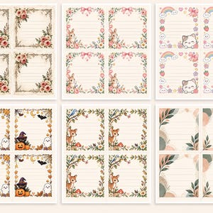 May include: A collection of twenty-four rectangular note cards arranged in six grids, featuring various illustrated borders including vintage roses, bunnies with pink bows, kittens with rainbows, Halloween motifs, forest deer, and abstract botanical leaves.