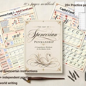 Könnte beinhalten: Ein Spencerian-Schreibübungsheft mit dem Titel The Art of Spencerian Penmanship mit einer Schwanenillustration auf dem Einband, umgeben von mehreren Übungsseiten für Schreibschrift, einem dunklen Holzfederhalter und einem Tintenfass.