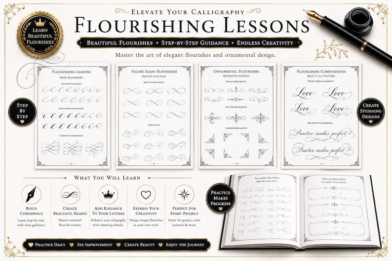 Pu&ograve; includere: Una guida didattica di calligrafia intitolata Flourishing Lessons che presenta quattro pagine di esercizi, ghirigori ornamentali ed esempi di composizione. Include una penna stilografica, un calamaio e un quaderno di esercizi aperto.