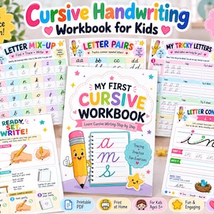 Könnte beinhalten: Ein Schreiblernheft für Schreibschrift für Kinder mit einem bunten Einband, einem gezeichneten Bleistift und dem Text My First Cursive Workbook. Das Set enthält mehrere Übungsseiten mit Buchstaben zum Nachspuren und Verbinden.