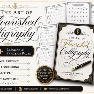 Op de afbeelding: Een kalligrafie-werkboek getiteld The Art of Flourished Calligraphy met 50+ lessen en oefenpagina's. De set bevat printbare PDF-vellen met basisstreken, kleine letters en letterverbindingen, plus een vulpen.