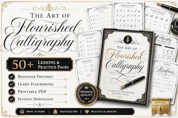 Beginner Calligraphy Workbook course | Hand Lettering Practice Pages (PDF Download)