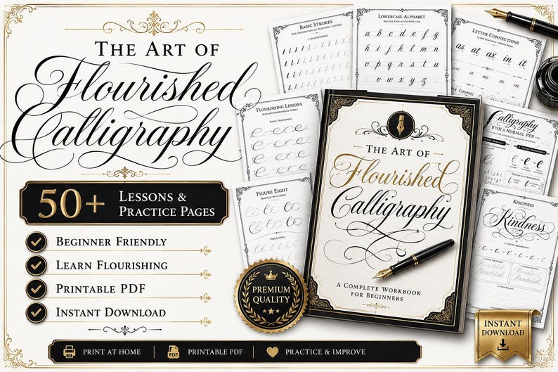 Pu&ograve; includere: Un quaderno di esercizi di calligrafia intitolato The Art of Flourished Calligraphy con una penna stilografica nera appoggiata sulla copertina. Il set include diverse pagine di pratica con tratti base, lettere minuscole e lezioni di ghirigori.