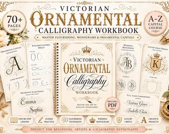 May include: A spiral-bound Victorian Ornamental Calligraphy Workbook featuring gold and black text on a cream background. The cover displays the title and a crown icon, surrounded by pages showing flourish drills, monograms, and crest designs.