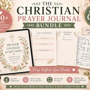 Könnte beinhalten: Ein christliches Gebetbuch-Bundle mit über 100 Seiten voller Glauben, Inspiration und Ermutigung. Enthält ein digitales Tablet mit dem Text "Prayer Changes Everything", tägliche Andachtsseiten und ein Dankbarkeitstagebuch. Enthält auch eine Tasse mit dem Text "Be still and know that I am God".