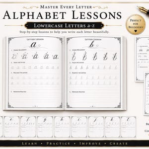 Pu&ograve; includere: Un quaderno di esercizi di calligrafia intitolato Alphabet Lessons con lettere minuscole dalla a alla z. Il libro aperto mostra la scomposizione dei tratti, guide per il ricalco e righe di pratica per le lettere a e b. Fogli sparsi mostrano m e z.