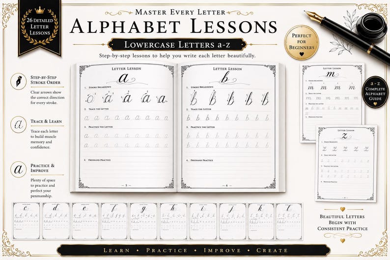 Pu&ograve; includere: Un quaderno di esercizi di calligrafia intitolato Alphabet Lessons con lettere minuscole dalla a alla z. Il libro aperto mostra la scomposizione dei tratti, guide per il ricalco e righe di pratica per le lettere a e b. Fogli sparsi mostrano m e z.