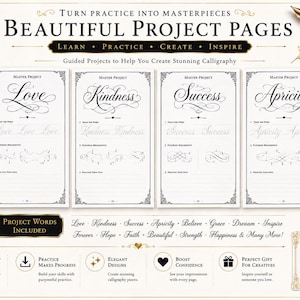 Pu&ograve; includere: Un set di quaderni per esercizi di calligrafia con quattro pagine che mostrano le parole Love, Kindness, Success e Apricity. Le pagine includono linee di tracciamento guidate, scomposizioni di ghirigori e aree di pratica vuote.