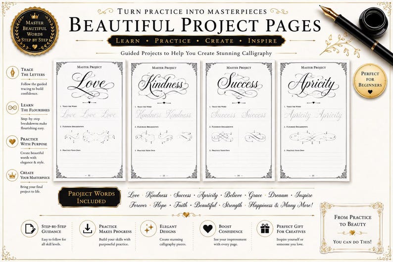 Pu&ograve; includere: Un set di quaderni per esercizi di calligrafia con quattro pagine che mostrano le parole Love, Kindness, Success e Apricity. Le pagine includono linee di tracciamento guidate, scomposizioni di ghirigori e aree di pratica vuote.