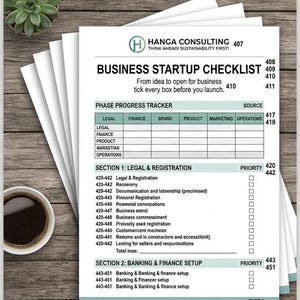 May include: A digital business startup checklist and terms of use document displayed on a tablet and smartphone. The checklist includes sections on legal, finance, branding, and online presence. Two cups of coffee and small plants are also visible.