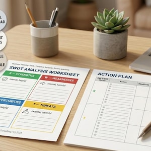 May include: A business planning workspace with a SWOT analysis worksheet and an action plan. The SWOT worksheet is divided into four sections: Strengths, Weaknesses, Opportunities, and Threats. A laptop, pen, and succulent plant are on the wooden desk.
