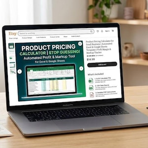 May include: A laptop displays an Etsy listing for a product pricing calculator. The screen shows the text "PRODUCT PRICING CALCULATOR | STOP GUESSING!" and a spreadsheet. A small potted plant, tags, glasses, and a notepad are on the wooden desk.