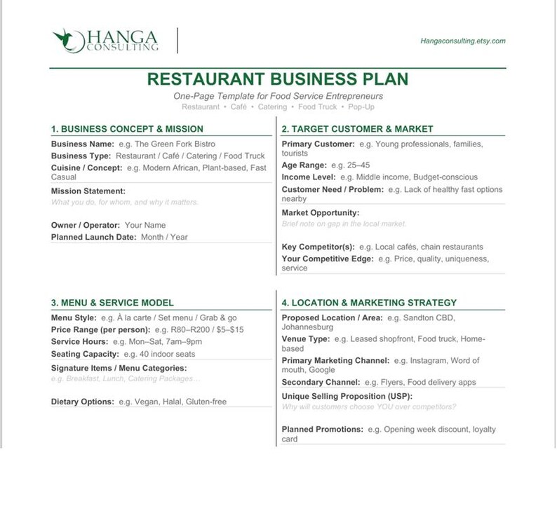 One-page Restaurant Business Plan Template | Food Startup Framework ...
