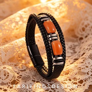 Handmade Red Aventurine Leather Bracelet, Braided Multi-Layer Mens Wristband, Magnetic Clasp