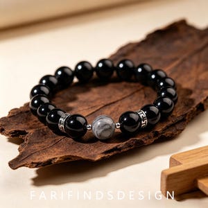 Black Onyx Grey Jasper Yin-Yang Bracelet, 10mm Natural Stone Stacking Bracelet