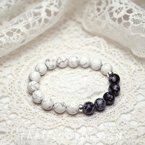 Yin-Yang Howlite Snowflake Obsidian Bracelet, 10mm Natural Stone Stacking Bracelet