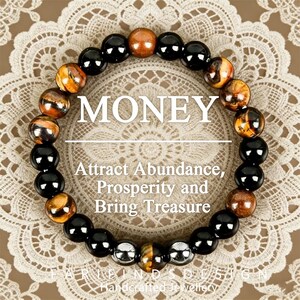 May include: A beaded bracelet featuring a mix of black, brown, and tiger's eye beads. The word "MONEY" is displayed above the bracelet, with text below reading "Attract Abundance, Prosperity and Bring Treasure."