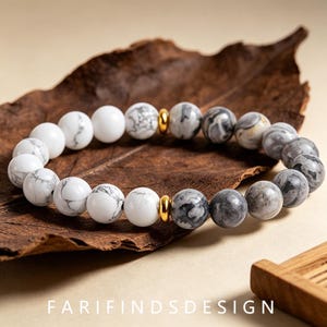 Yin-Yang Howlite Grey Jasper Bracelet, 8mm Natural Stone, Minimalist Stacking Bracelet