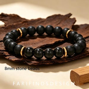 Matte Polished Black Onyx Bracelet, 8mm Natural Stone, Gold Accent, Unisex Stacking Bracelet